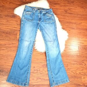 Y2K Hikit Low Waist Flared Embroidered Pocket Womens Jean's